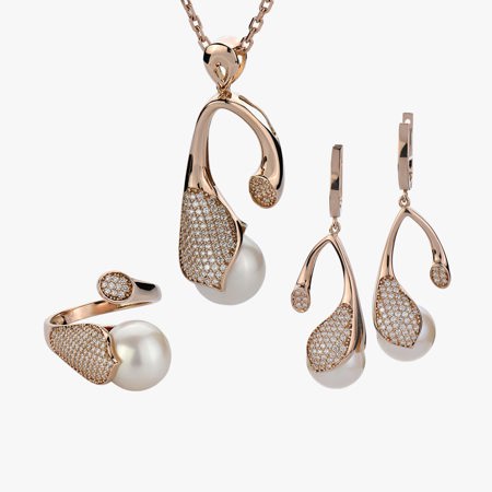 Inverted Tulip Pearl and Diamond Jewelry Half Set